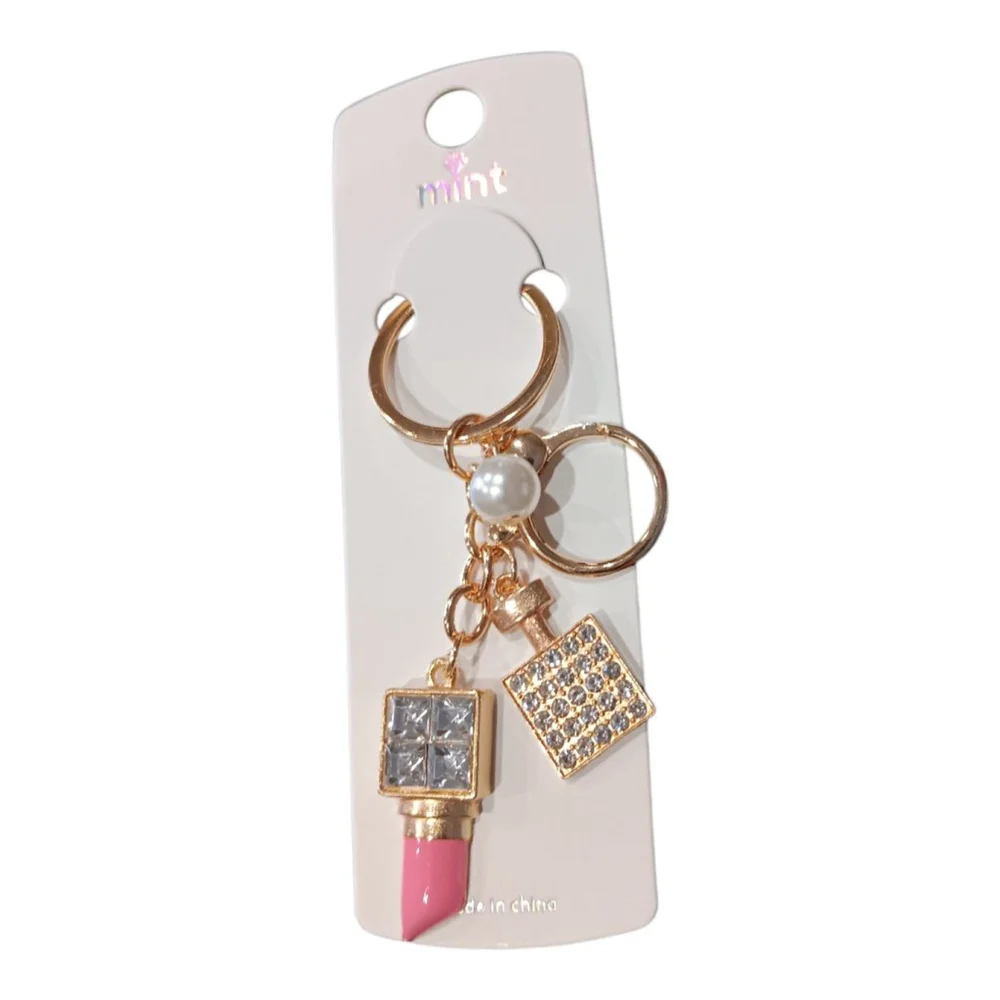 Lipstick, Perfume Bottle, Pearl Rhinestone Purse Charm Keychain in Pink Bling